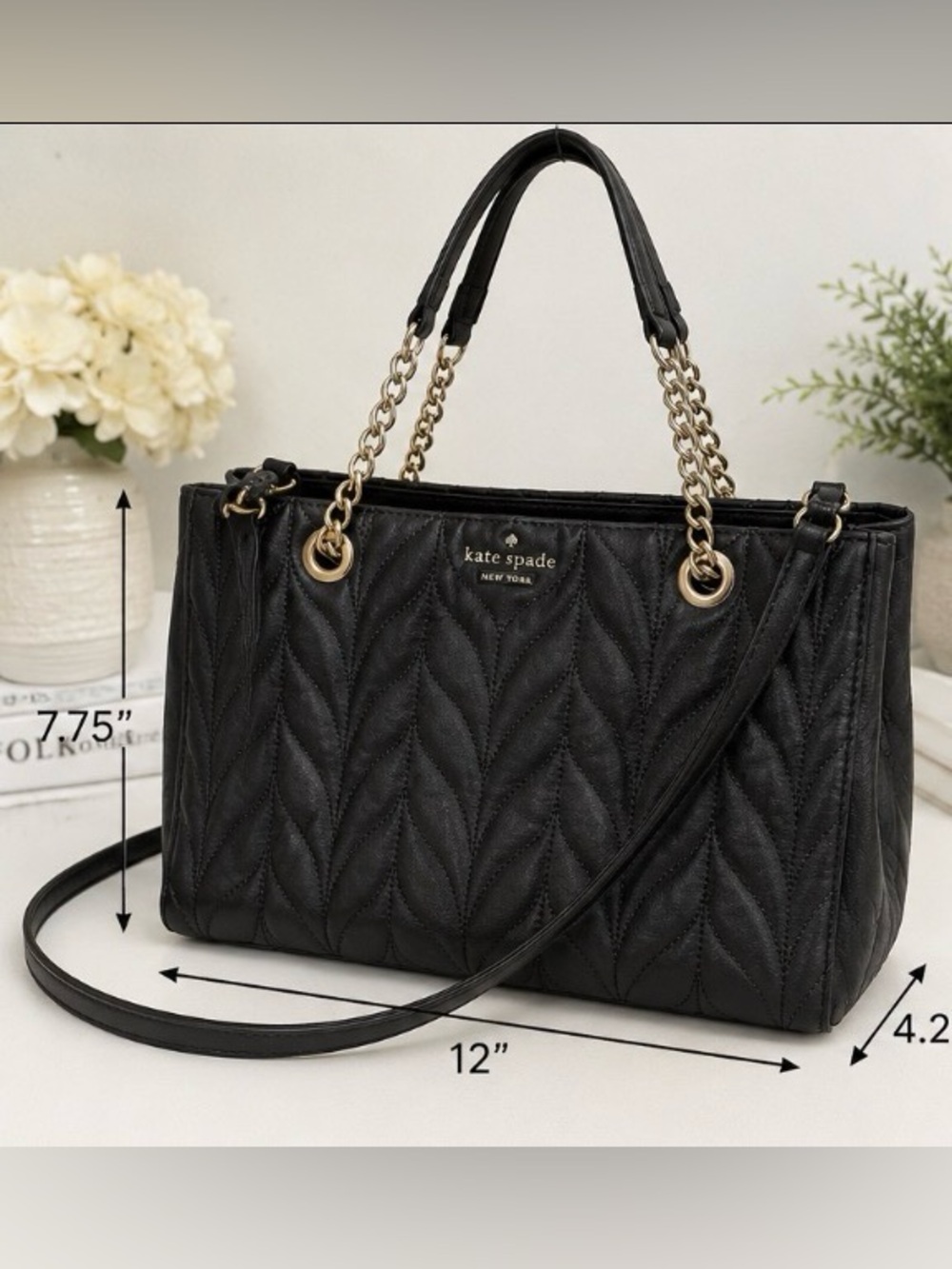 Kate Spade Black Quilted Leather Chain Tote Crossbody Bag